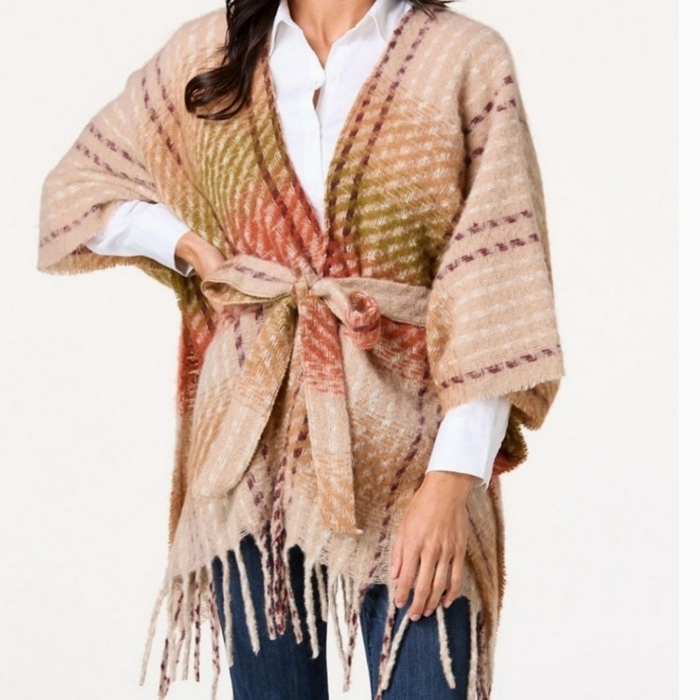 NYT Vince Camuto Fringe Belted Waist Poncho Sweater Plaid Wrap Shaul O/S